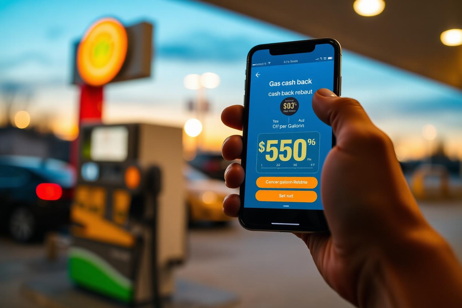 Hand holding a smartphone at a gas station displaying a per-gallon cash back rebate app.