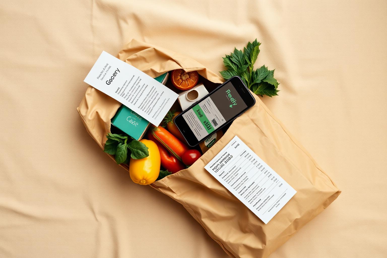 Grocery bag spilling produce with a smartphone showing a grocery cash back app and a long receipt.