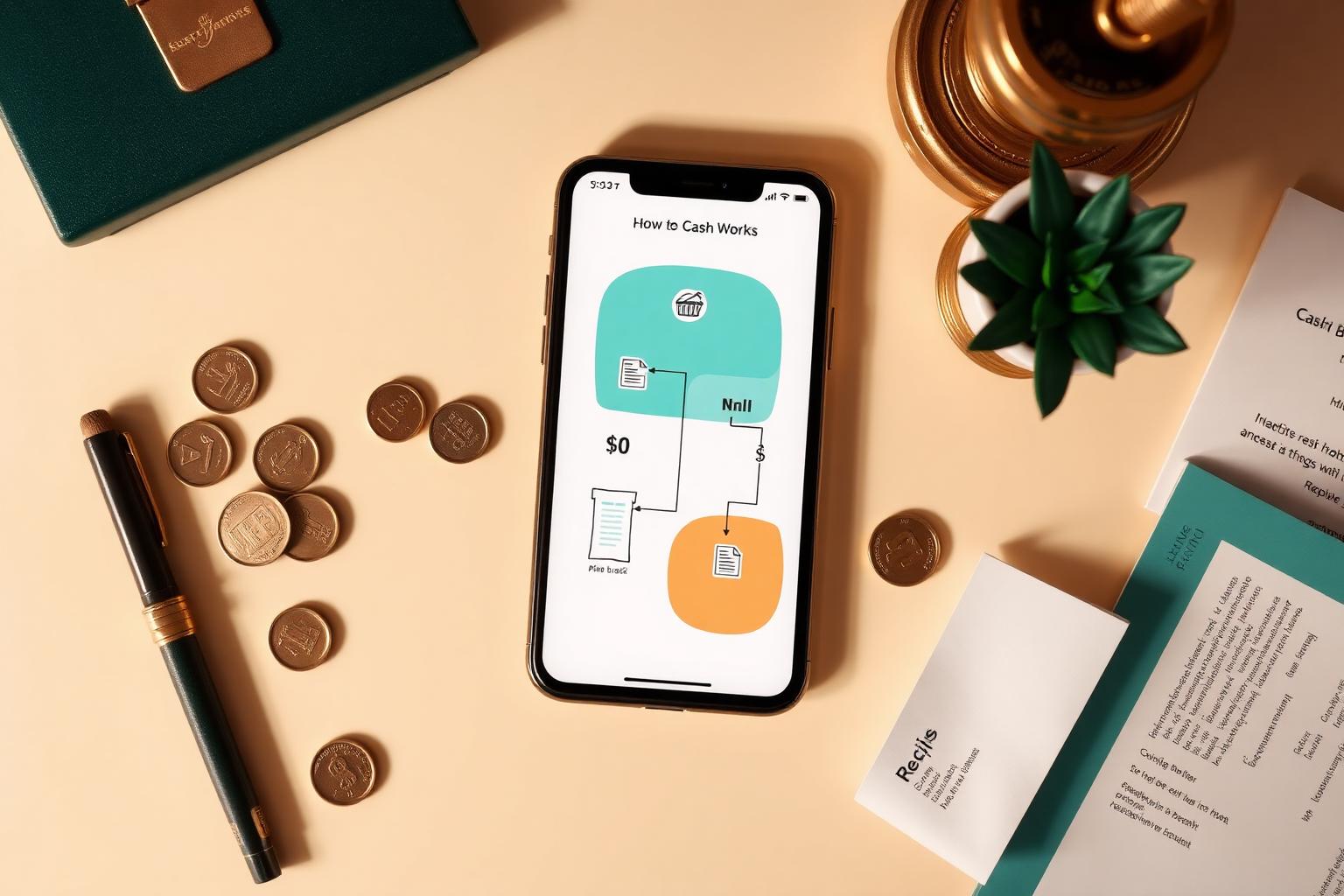 Smartphone showing a flowchart of how cash back works next to coins, receipts, and a notepad.