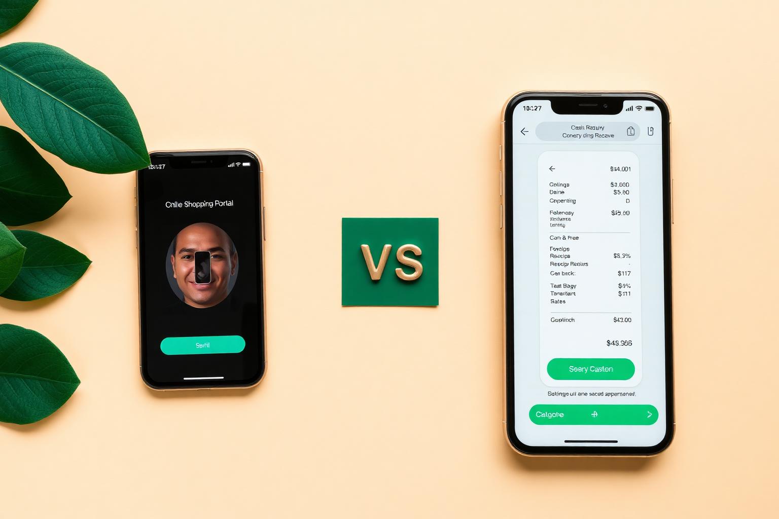 Two smartphones flat lay — an online shopping portal app vs a receipt-scanning cash back app.